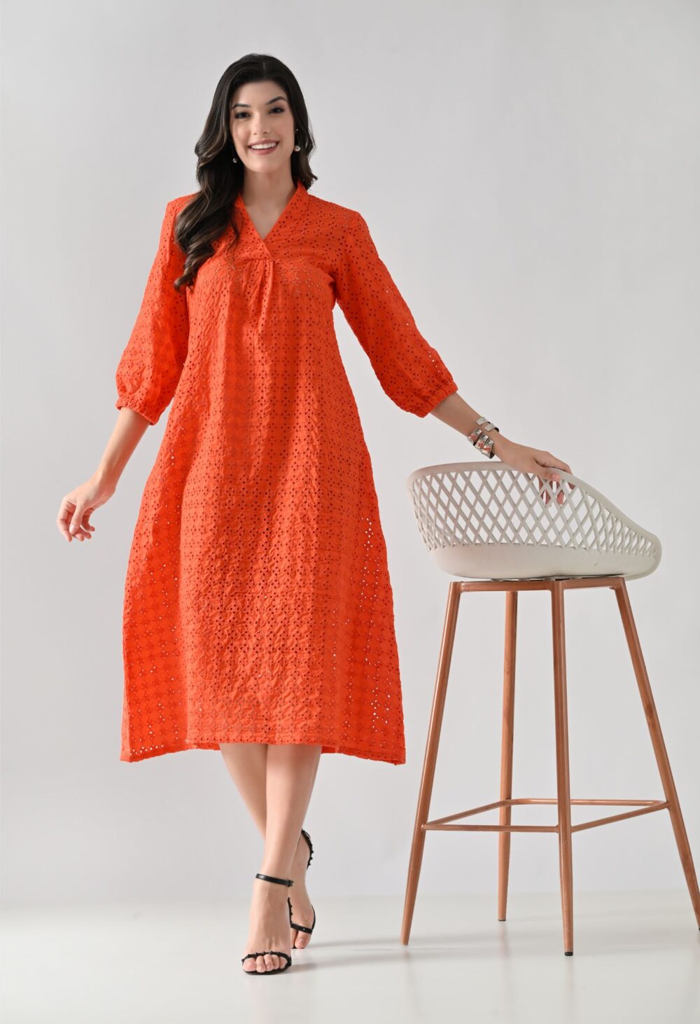 Vibrant Orange Hakoba Cotton Midi Dress