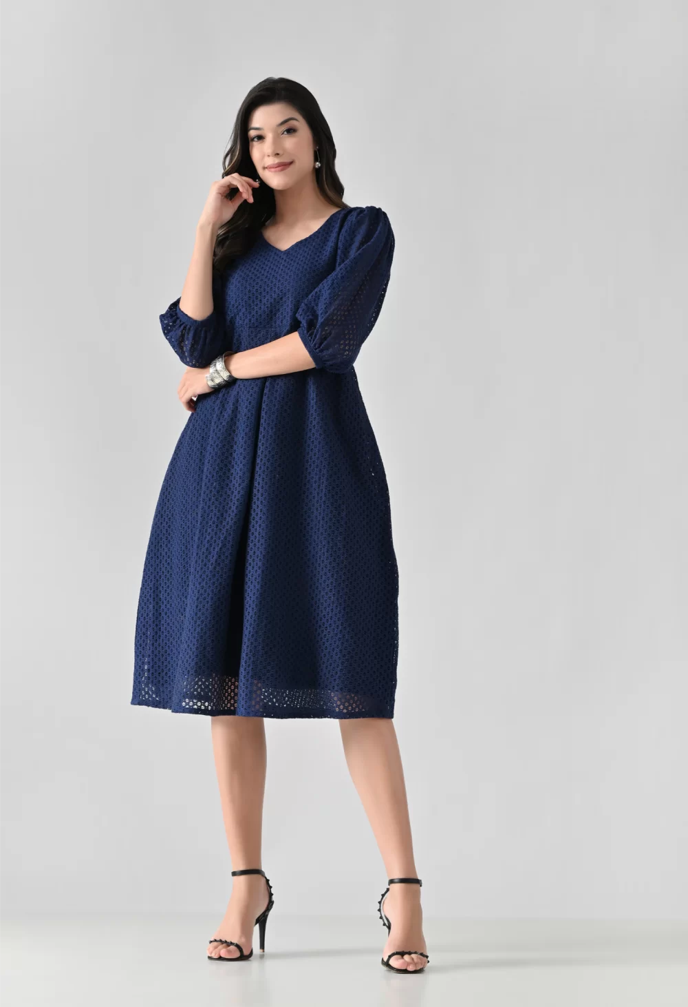 Elegant Navy Blue Cotton Midi Dress