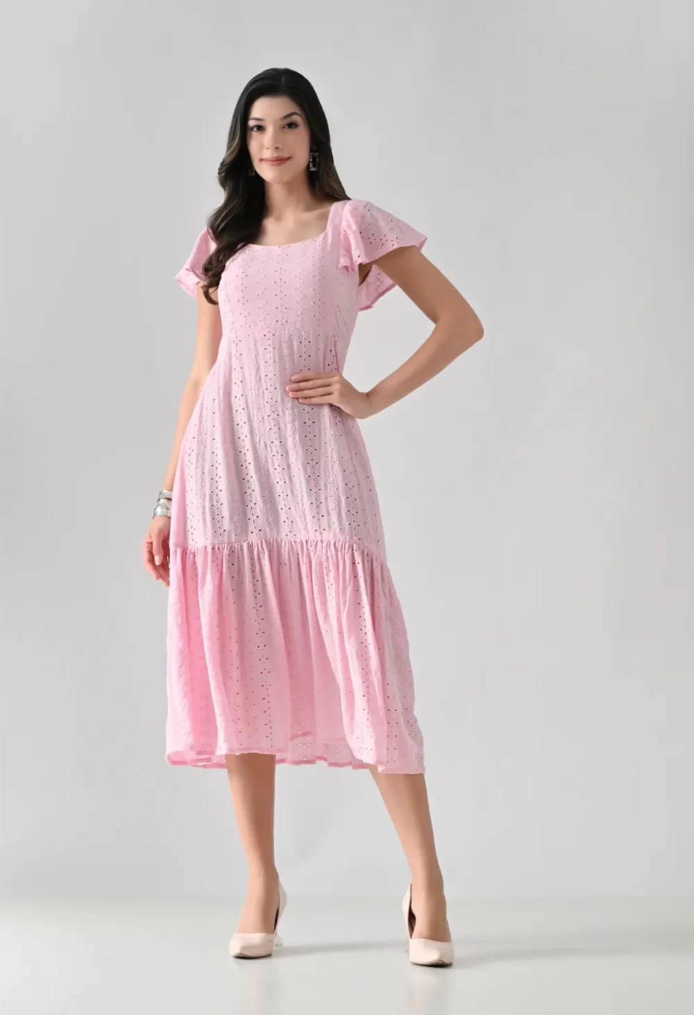 Pink Hakoba Cotton Tiered Midi Dress